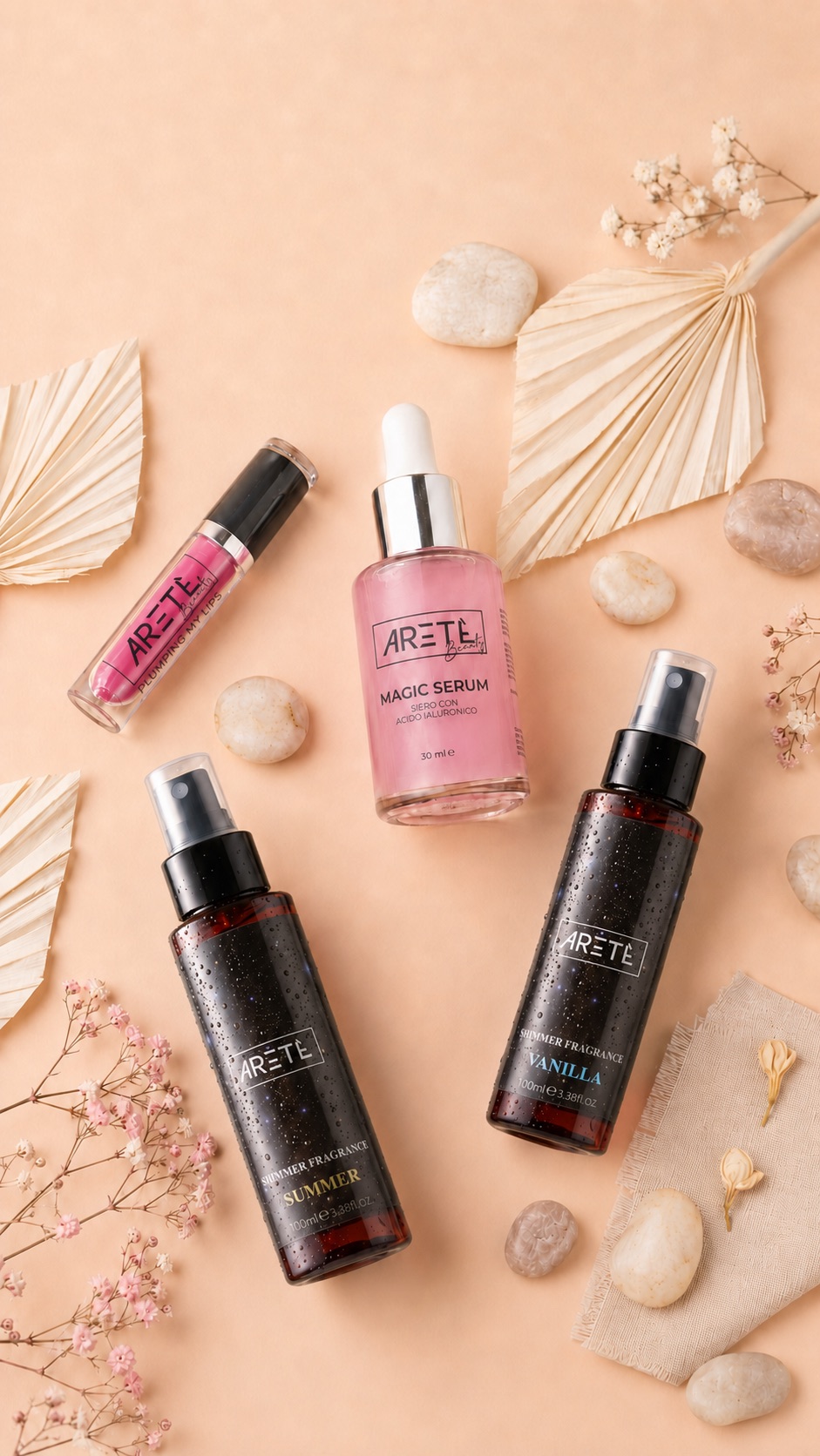 Prodotti Beauty Aretè con Magic Serum, lip gloss e Summer Shimmer